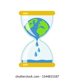 Planet Earth is melting and dying of global warming and is turning into a puddle in the hourglass. Ecological disaster concept vector illustration