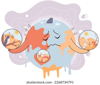 Planet Earth is melting and dying of global warming. Ecological disaster concept. Take care world. Climate change, increase in planet temperature, animal death. Saving Earth and environmental care