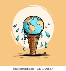 Planet Earth is melting like ice cream in a waffle cone, ecological catastrophe on a planetary scale, global warming and melting glaciers, vector comic illustration