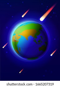 Planet Earth, meteor shower, on a dark blue background of space