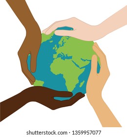 planet earth in the middle of human hands with different skin colors vector illustration EPS10
