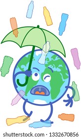 Planet Earth in minimalist cartoon style feeling annoyed while holding an umbrella above it. It is protecting itself from a rain of various transparent plastic bottles in different colors