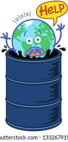 Planet Earth in minimalist cartoon style feeling in trouble while drowning in a barrel full of black oil. It is raising its arms and agitating desperately while asking for help through a speech bubble