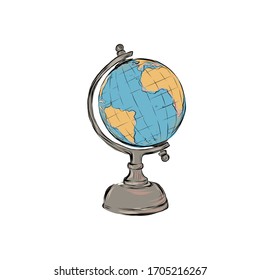 Planet Earth. Model of the globe rotating on a stand. Subject for school lessons. 
