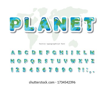 Planet Earth modern font. Paper cut out ABC letters and numbers isolated on white. Creative alphabet for environment, ecology, travel design. Vector illustration