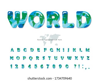 Planet Earth modern font. World map ABC letters and numbers isolated on white. Creative alphabet for environment, ecology, travel design. Vector illustration