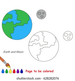 Planet Earth and Moon to be colored, the coloring book for preschool kids with easy educational gaming level.