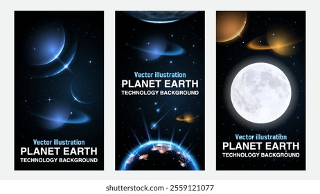 Planet Earth, Moon, and Galaxy Vector Set: Solar System with Glowing Galaxy Planets, Earth, Asteroids, Moon, and Ring Line Solar - Stunning Cosmic Designs for Flyers, Banners, Brochures, and Posters. 