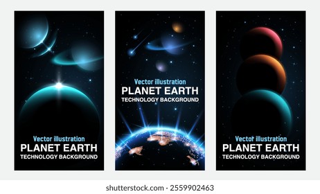 Planet Earth, Moon, and Galaxy Vector Set: Solar System with Glowing Galaxy Planets, Earth, Asteroids, Moon, and Ring Line Solar - Stunning Cosmic Designs for Flyers, Banners, Brochures, and Posters. 