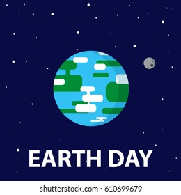 Planet Earth with the moon in space with stars and the inscription Earth Day on blue background.