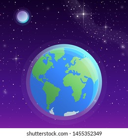 Planet Earth and Moon view from space. Flat vector illustration.