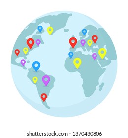 Planet Earth with multicolor pointers illustration. World wide shipping, delivery location, geolocation, navigation isolated clipart. Around world traveling, map with continents flat design element