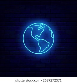 Planet Earth neon icon. North and South America. Globe geography. Western Hemisphere. Vector stock illustration.