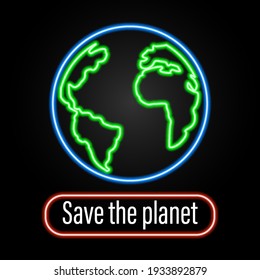 Planet earth neon sign, modern design, light banner, colorful trend of modern design on black background. Vector illustration.