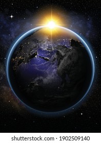 Planet earth in the night sky and the rising sun. Highly realistic illustration.