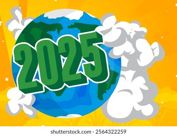 Planet Earth with number 2025. Cartoon Space, cosmos. Vector cartoon illustration.