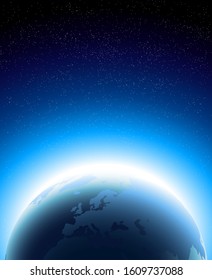 Planeta Tierra sobre el fondo del sol naciente y el cielo estrellado. Los gradientes sencillos y luminosos se sumergen en las profundidades del espacio.