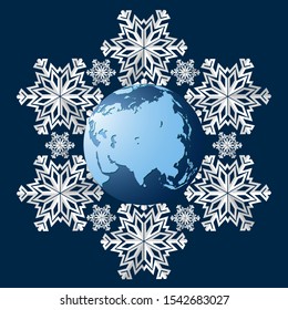 Planet Earth on a background of snowflakes, a symbol of the coming winter. The onset of the cold season. Snowfall and cold season. Vector illustration.