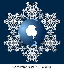 Planet Earth on a background of snowflakes, a symbol of the coming winter. The onset of the cold season. Snowfall and cold season. Vector illustration.