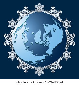Planeta Tierra sobre un fondo de copos de nieve, un símbolo del invierno que viene. El comienzo de la estación fría. Cascada de nieve y época de frío. Ilustración vectorial.