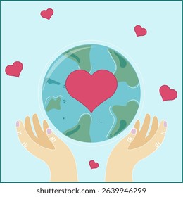 Planet earth on blue background, red heart, love, sky, hands holding earth, space, friendship, love, earth day, saving planet, vector, cartoon