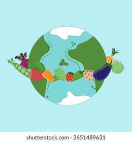 Planet Earth, on a blue background, around vegetables and fruits, apple, carrot, strawberry, beetroot, eggplant, broccoli
