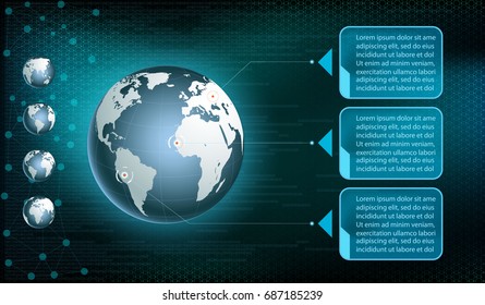 Planet Earth on the digital technology background. User HUD interface on the virtual dashboard. Stock vector illustration.