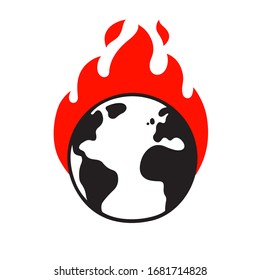 Planet Earth On Fire, Global Warming And Climate Crisis Drawing. Environment And Ecology Vector Clip Art Illustration.
