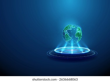 Planet Earth on futuristic podium Global technology, sustainable development, digital transformation, environmental innovation concept Glowing Earth model, sci-fi platform, wireframe structure Vector.