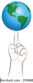 Planet earth on a giant finger tip as a symbol for a global player. Isolated vector illustration on white background.