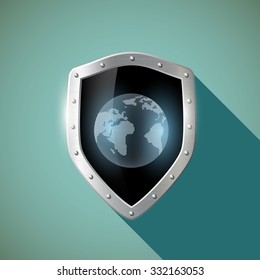 Planet earth on the metal shield. Flat design. Stock vector illustration.