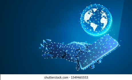 Planet Earth on a mobile phone screen. Global world communication concept. Abstract digital wireframe, low poly, mesh, polygonal vector blue neon 3d illustration with connected dots and lines