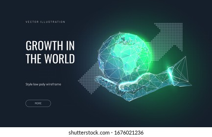 Planet earth on a person's hand and arrow to up. Global growth or world improving concept. Polygonal abstract creativ isolated on dark background. Vector illustration