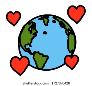 Planet earth on a white background and hearts. Vector illustration.