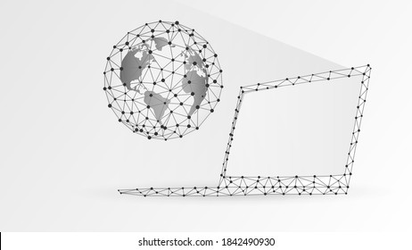 Planeta Tierra en la pantalla de una laptop blanca. Mundo Global, concepto de redes. Resumen, digital, alambre, malla baja de poli, vectores poligonales de origami blanco 3d ilustración con puntos y líneas conectados