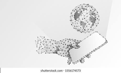 Planeta Tierra en una pantalla blanca de teléfono móvil. Concepto de comunicación mundial. Estructura digital abstracta, malla baja de polilla, ilustración 3d de origami blanco vector policonal con puntos y líneas conectados