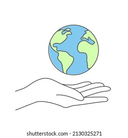 Planet Earth in open hand. Hand holding globe isolated on white background. Ecology concept.