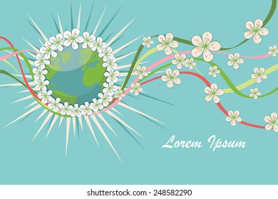 Planet earth in orbit wreath of spring flowers.Composition of cherry flowers ,curly ribbons Vector Illustration,banner,template for wedding,mother day,easter.Cute card,invitation.Modern flat style