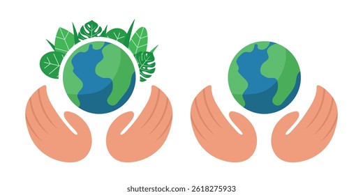 El planeta Tierra en nuestras manos. Ilustración de protección ambiental. Clipart de Vector.