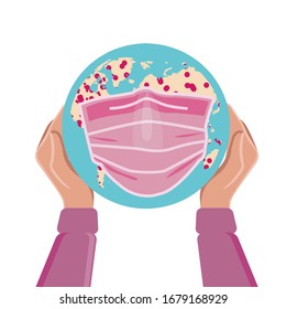 Planet earth in our hands, pink medical mask. Flat illustration. Isolated on white. Hand drawn design element for quarantine coronavirus poster.