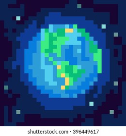 Planet Earth from outer space. Pixel-art illustration. Earth day poster, card, stamp, symbol.