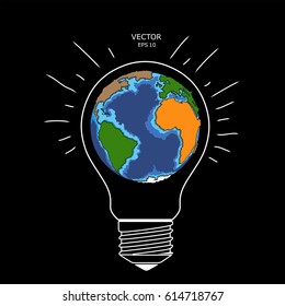 Planet Earth in the outline of a lamp on a black background. Vector illustration