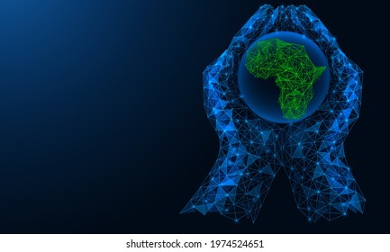 Planet earth in the palms of hands. World Environment Day. Polygonal construction of lines and points. Blue background.