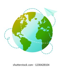 Planet Earth with a paper airplane on a white background. Concept of travel, delivery, sending mail. Vector image.