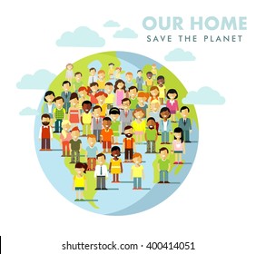 Planet Earth people concept. Different multi cultural multi ethnicity people crowd on planet Earth background