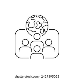 Planet earth with people icon line style isolated on white background. Vector illustration