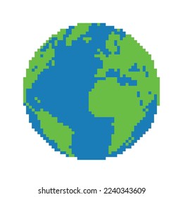 Planet earth in pixel style.Pixel art world globe.Vector illustration.