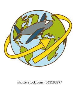 planet earth with plane and arrow  icon image vector illustration design 