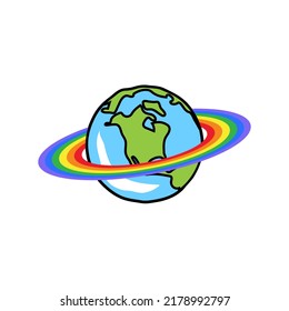 Planeta Tierra con anillo planetario al estilo LGBT. Mundo imaginario inspirado por Saturno y LGBT. Ilustración vectorial.