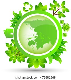 planet earth with plants, trees and flowers and house